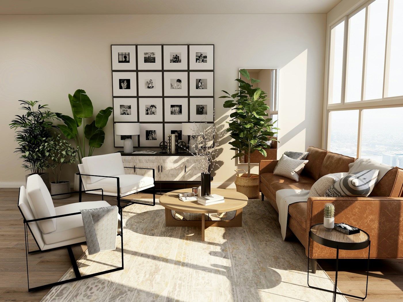 Bright contemporary living room with natural materials and generous windows